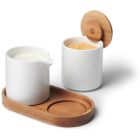 Crémier & sucrier en porcelaine 320 ml. - couvercle & support en acacia