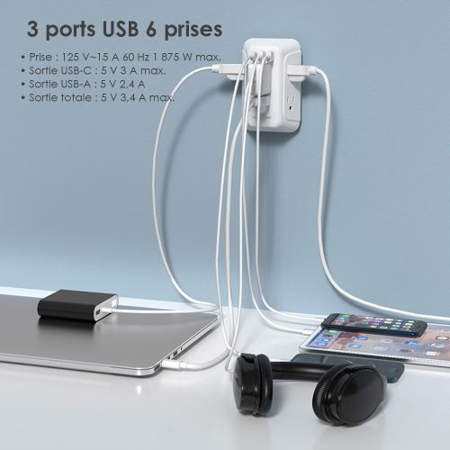 Parasurtenseur mural à 6 prises et chargeur usb