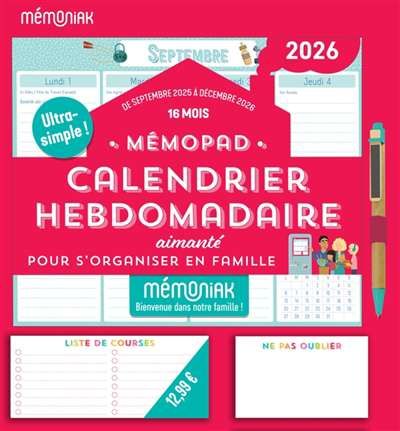 Mémopad, calendrier hebdomadaire aimanté mémoniak 2026