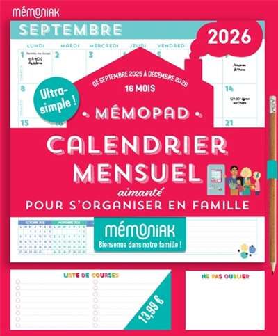Mémopad, calendrier mensuel aimanté mémoniak 2026