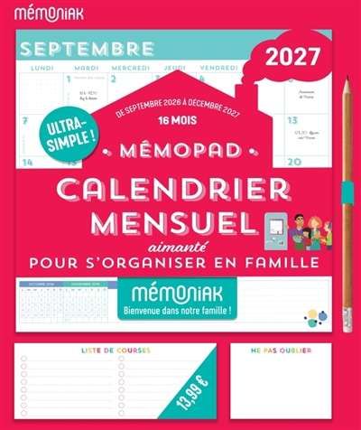 Mémopad, calendrier mensuel aimanté pour s'organiser en famille 2026-2027