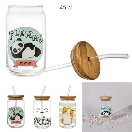 Verre couvercle bambou avec paille 450 ml. kawaii
